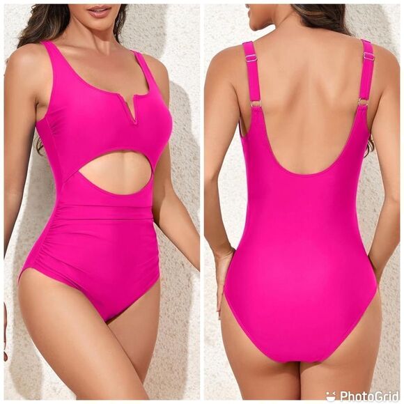 Eomenie Hot Pink Tummy Control One Piece Swimsuit Cutout High Waisted Slimming - Picture 1 of 14